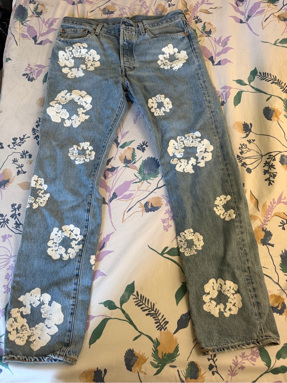 Levi's Light Blue Straight-Leg Jeans with White Floral Clusters